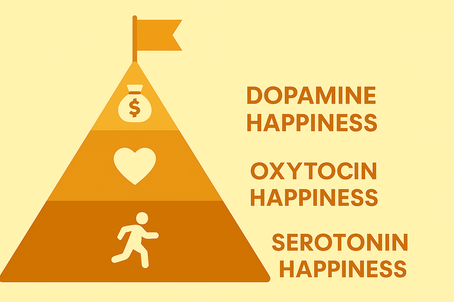 A pyramid diagram showing the three types of happiness: Serotonin at the base, Oxytocin in the middle, and Dopamine at the top.